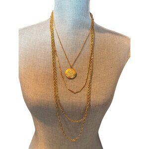 Locket pendant 4 tier necklace Gold Plated Multi-Layer Necklace With Floral Etch